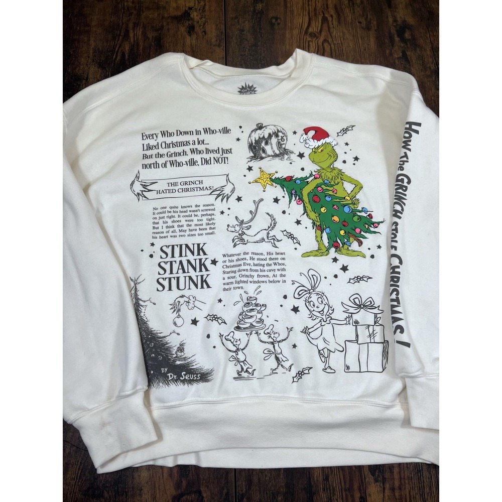 Dr. Seuss The Grinch White Pullover Sweatshirt for Women Small Christmas Graphic